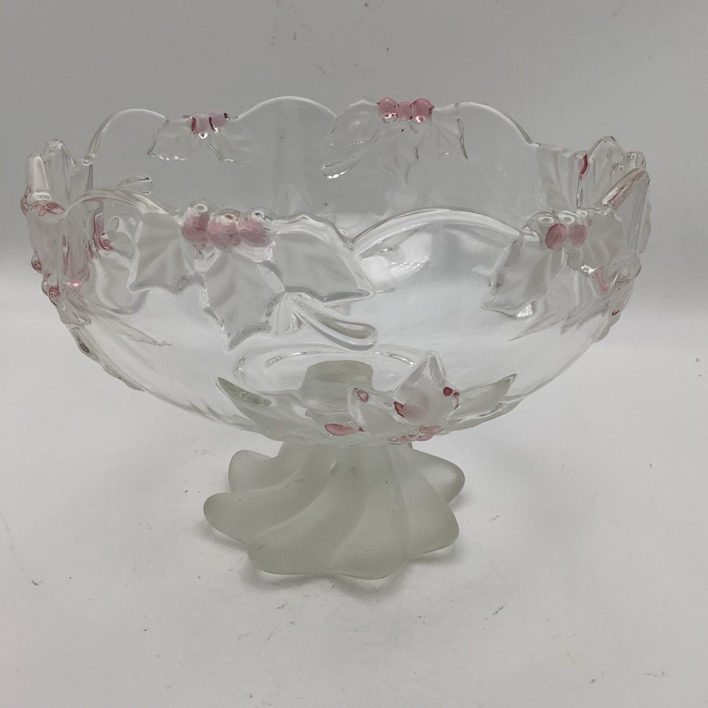 Glass Compote/Pedestal Bowl  with Pink Poinsettia Design